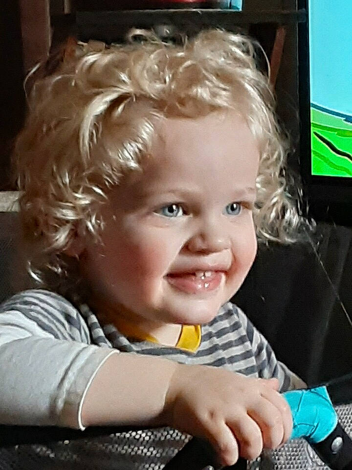 Kaden joined the competition — help win amazing prizes! baby, blond, cheek, child, display_device, eye, fun, gadget, gesture, happy, laugh, nail, nose, person, sitting, skin, smile, television, thumb, toddler