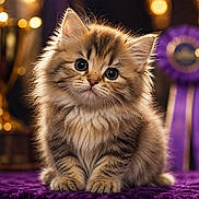 Cuddles is registered to the contest to win money with this photo: kitten, cat, fluffy, cute, award, trophy, purple, velvet, pet, animal, portrait, feline, soft, young, prize, competition, indoors, small, adorable, eyes