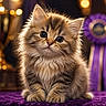 kitten, cat, fluffy, cute, award, trophy, purple, velvet, pet, animal, portrait, feline, soft, young, prize, competition, indoors, small, adorable, eyes