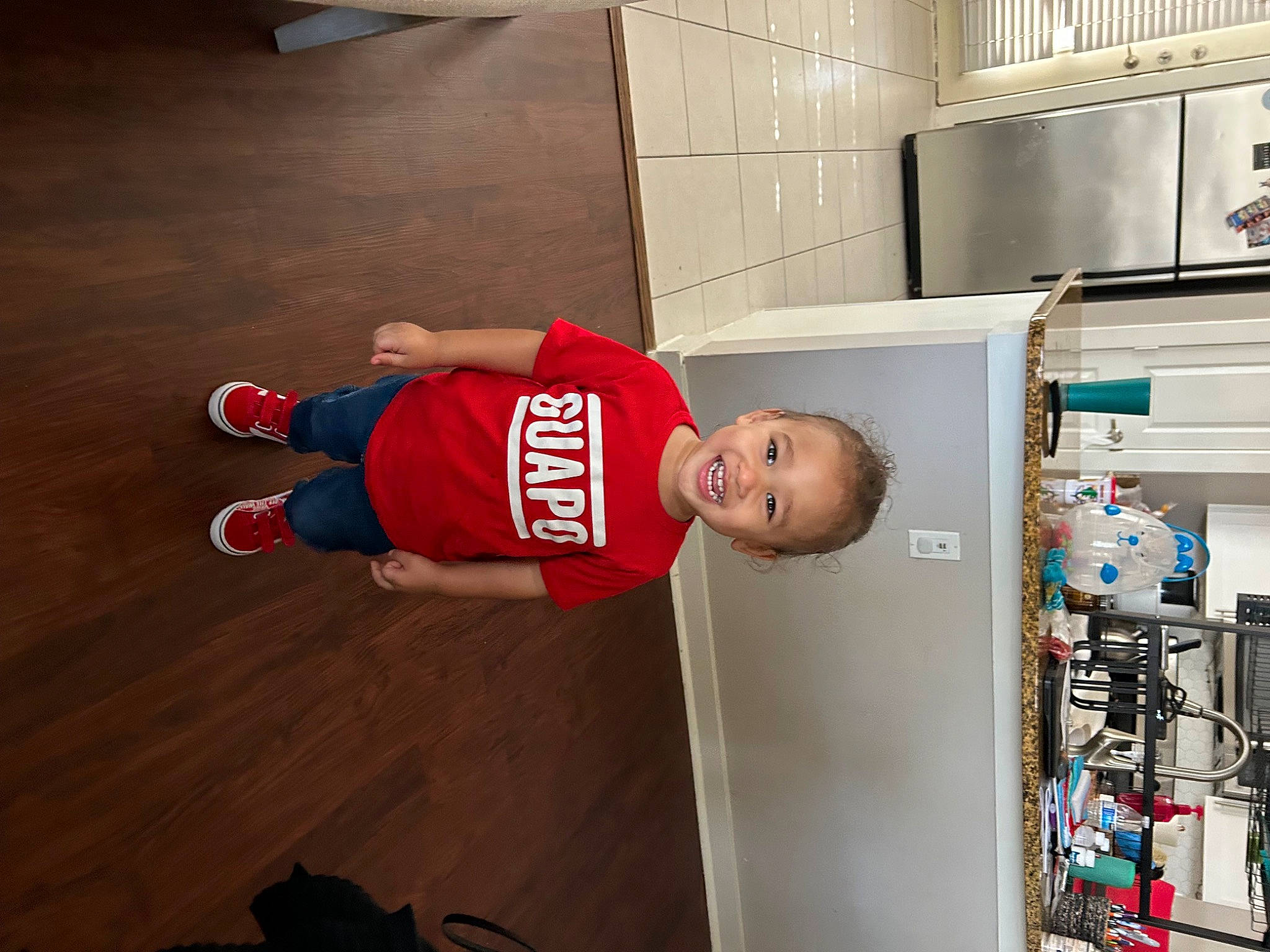 Randall Rj joined the competition — help win amazing prizes! advertising, child, flooring, hardwood, human_leg, jersey, joy, knee, machine, person, physical_fitness, room, shelf, shorts, smile, sports_uniform, sportswear, t_shirt, wood