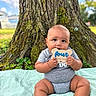 baby, infant, child, portrait, sitting, smiling, outdoor, tree, moss, blanket, wooden_sign, milestone, eight_months, blue_sky, grass, park, baby_clothing, bare_feet, family_photo, nature