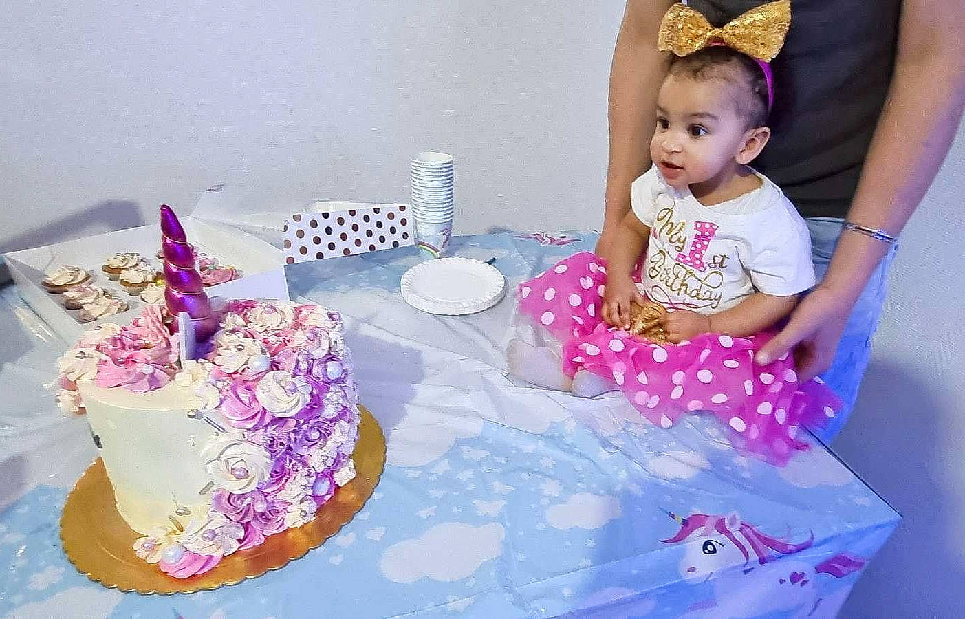 April participe au concours pour gagner de l'argent avec cette photo : baby, baby_toddler_clothing, birthday_cake, birthday_party, cake_decorating_supply, cup, event, food, happy, hat, magenta, person, pink, plate, purple, sugar_cake, table, tableware, teacup, toddler