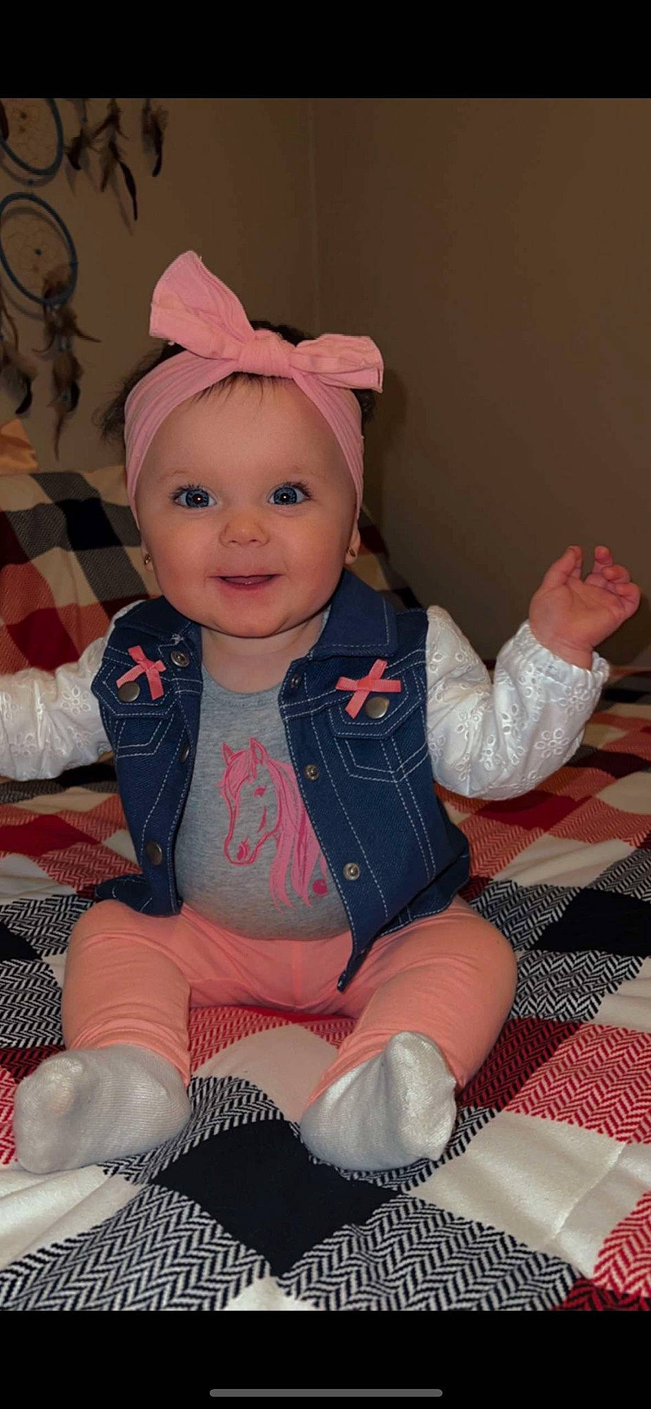 Lakelynn is registered to the contest to win money with this photo: baby, baby_products, baby_toddler_clothing, cheek, child, eye, face, fun, happy, head, human_body, joy, lap, person, pink, sitting, skin, sleeve, smile, sock
