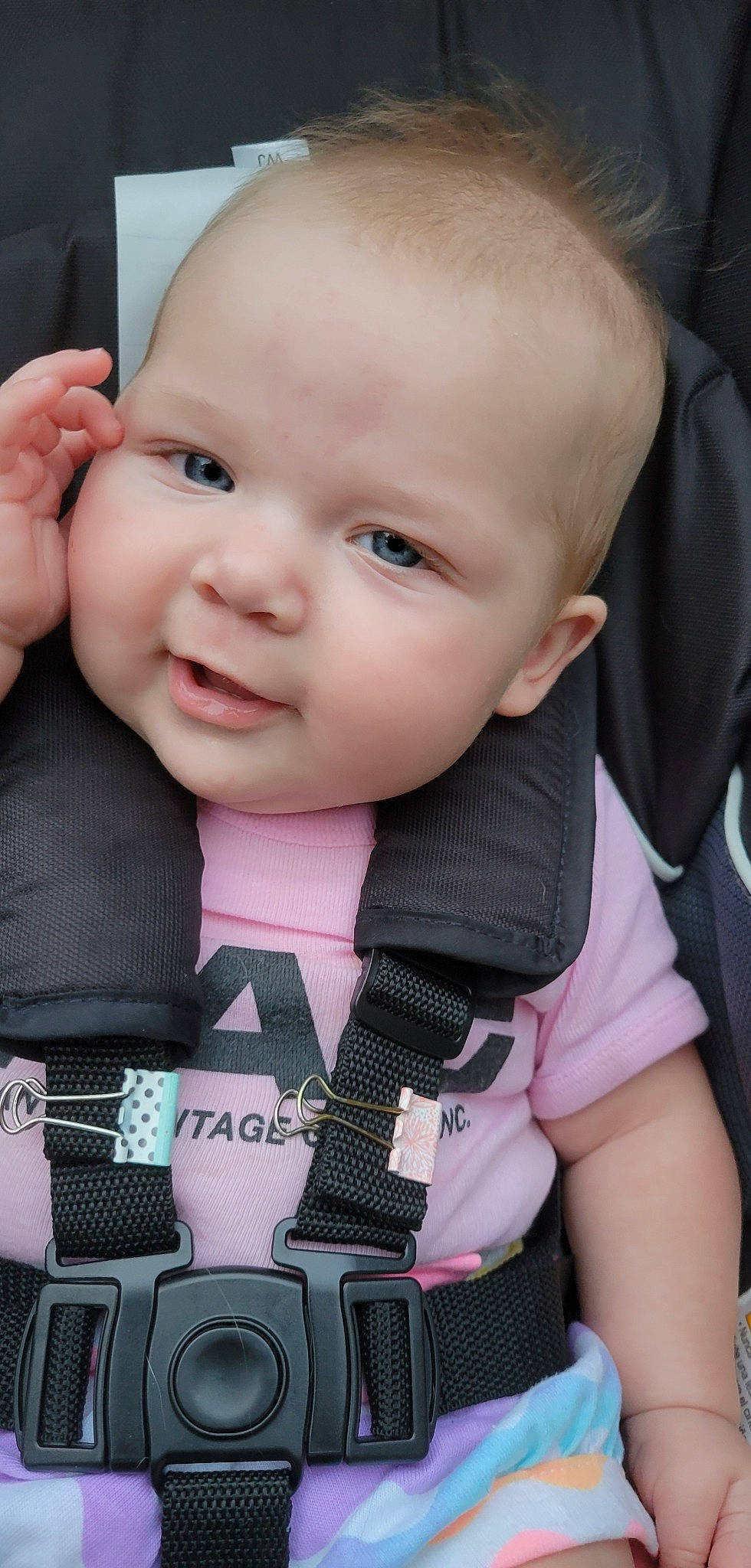 Shelby is registered to the contest to win money with this photo: baby, baby_products, baby_toddler_clothing, cheek, child, ear, eyelash, fashion_accessory, finger, gesture, happy, iris, lip, nose, pattern, person, pink, skin, sleeve, smile