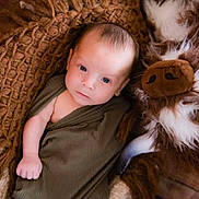 Takoa is registered to the contest to win money with this photo: baby, brown_blanket, child, closeup, comfort, cozy, cute, face, furry, hand, indoor, infant, knitted_blanket, plush_toy, portrait, resting, skin, sleepy, soft_texture, swaddle