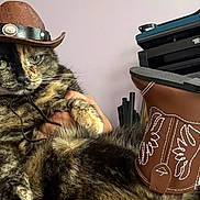 Lupe joined the competition — help win amazing prizes! accessory, animal, cat, closeup, cowboy_boots, cowboy_hat, cute, domestic_cat, fashion, funny, fur, gray_shirt, green_eyes, holding, indoor, person, pet, portrait, tortoiseshell_cat, whiskers