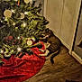 Luna joined the competition — help win amazing prizes! cat, tabby_cat, christmas_tree, ornaments, lights, red_tree_skirt, wooden_floor, holiday_decor, indoor, pet, relaxed, festive, greenery, furniture, cozy, resting, decorations, holiday, domestic_animal, home