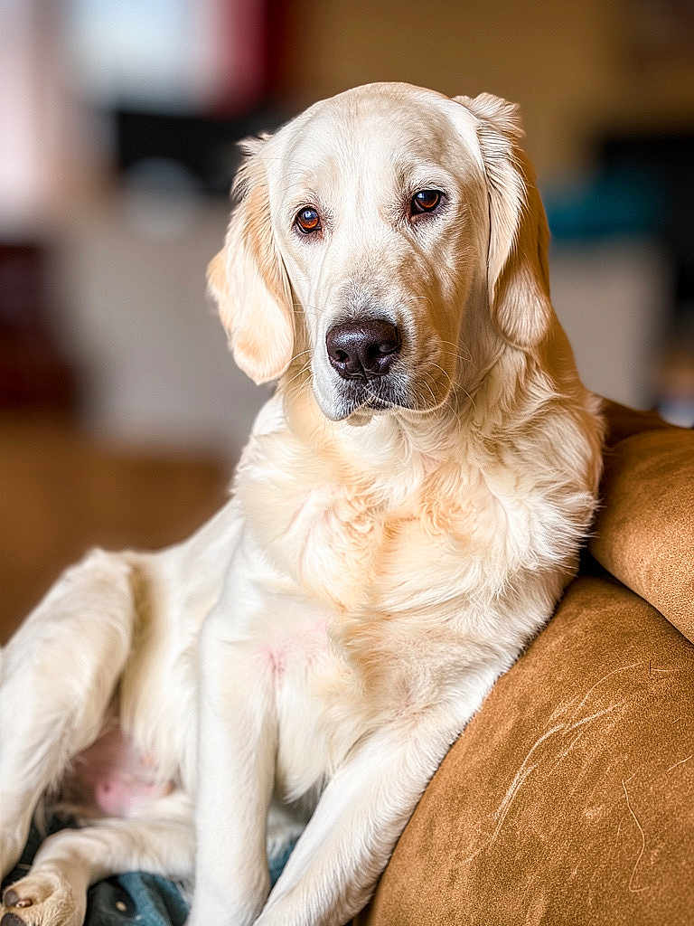 Aries a rejoint le concours — aidez-le/la à gagner de superbes lots ! dog, golden_retriever, pet, portrait, indoor, couch, fur, brown_eyes, nose, whiskers, sitting, domestic_animal, bokeh, close_up, looking_at_camera, relaxed, paw, upholstery, living_room, animal_portrait