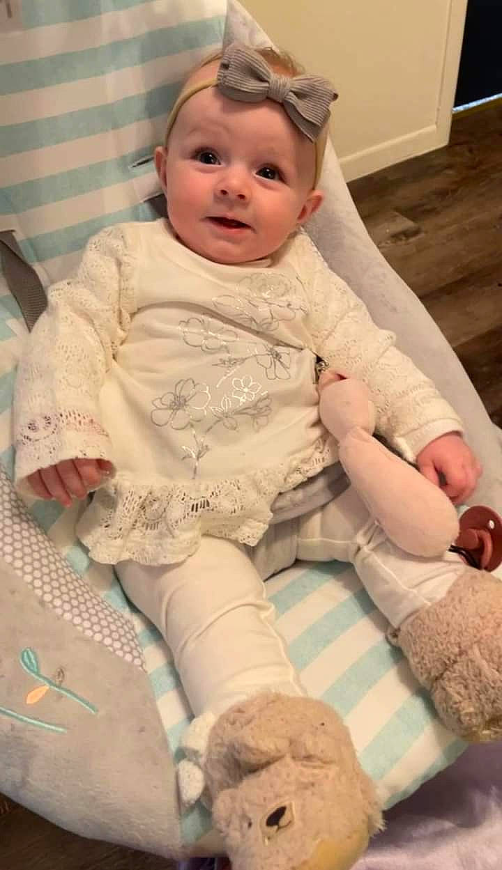 Kiera joined the competition — help win amazing prizes! baby, baby_toddler_clothing, cheek, comfort, dress, eye, face, finger, flooring, fun, happy, head, human_body, iris, person, pink, skin, sleeve, smile, thigh