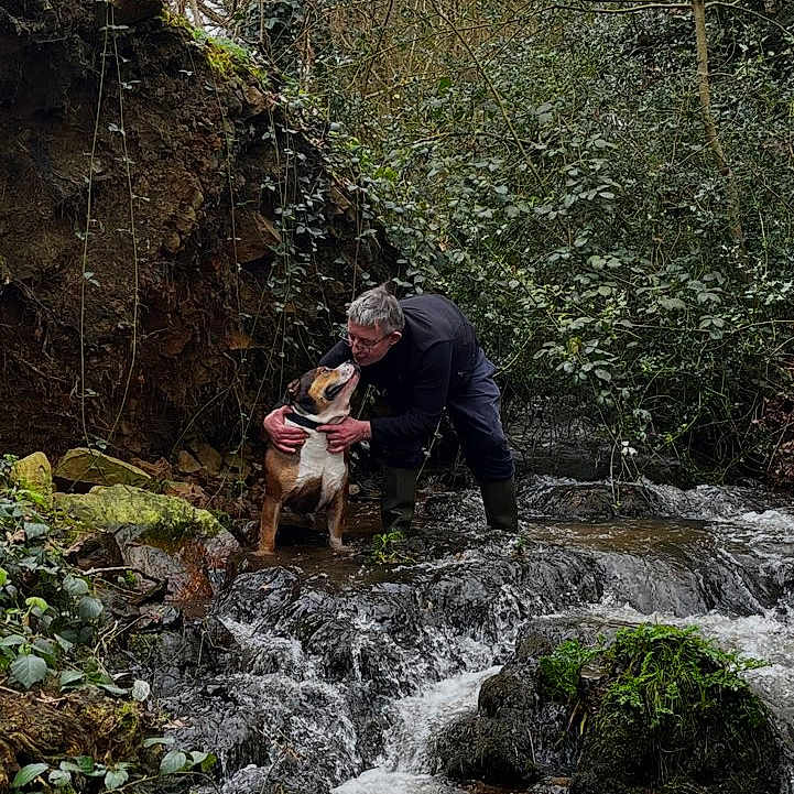 Philippe Moreau a rejoint le concours — aidez-le/la à gagner de superbes lots ! affection, animal, companion, crouching, dog, flowing_water, forest, greenery, landscape, love, moss, nature, outdoor, person, river, rocks, stream, trees, water, wildlife