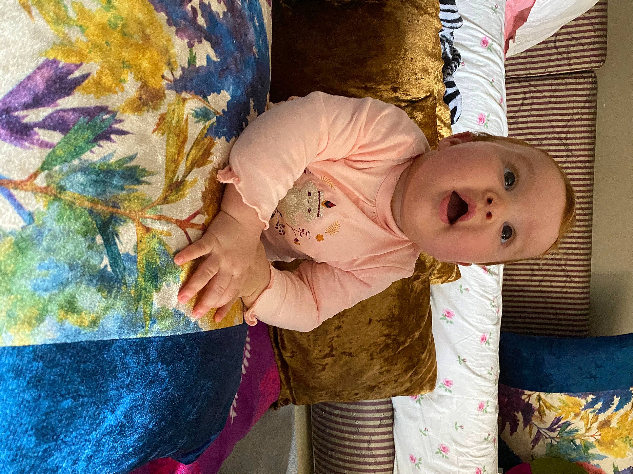 Nour participe au concours pour gagner de l'argent avec cette photo : art, baby, baby_products, baby_toddler_clothing, child, fun, headgear, linens, mammal, pattern, person, plant, room, sitting, sleeve, smile, surprise, textile, toddler, vertebrate