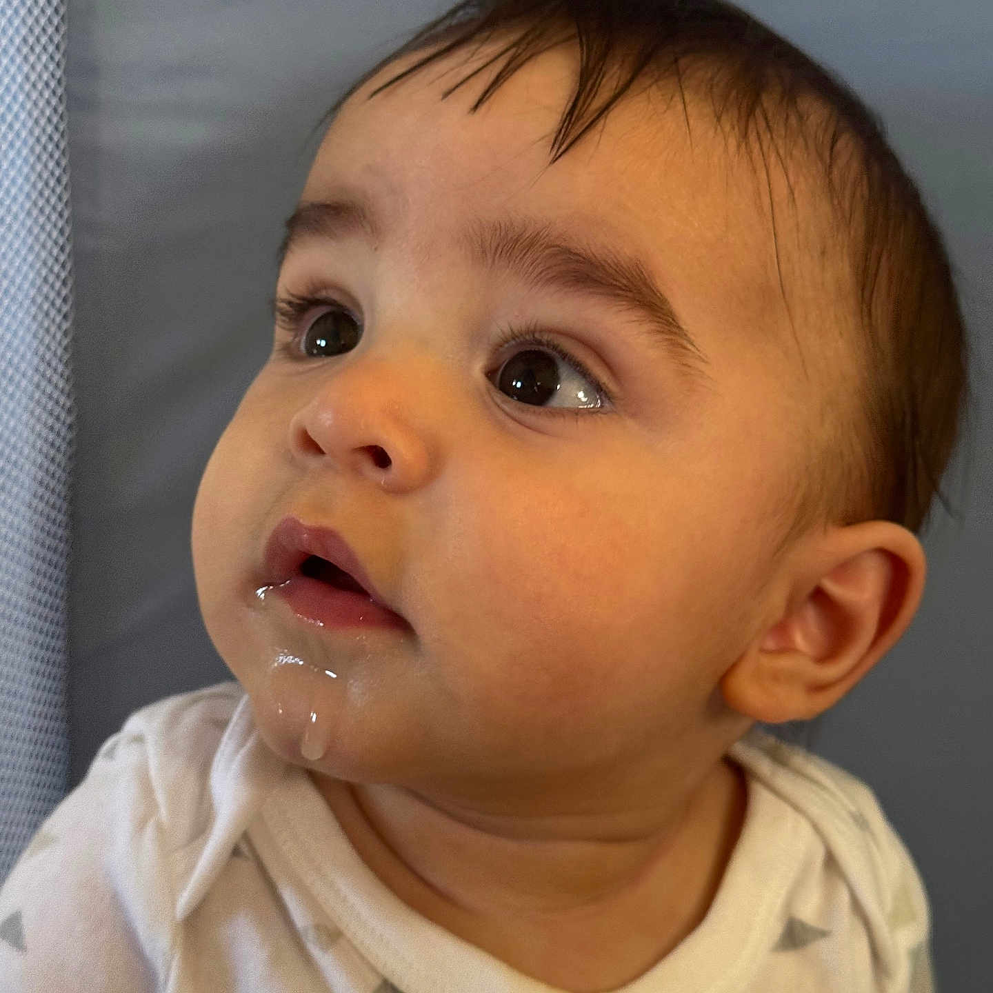 Aiden Concepcion joined the competition — help win amazing prizes! baby, child, close_up, clothing, curious, cute, drool, expression, eyes, face, hair, head, indoors, infant, mouth, person, portrait, sitting, skin, young