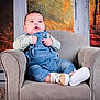 baby, denim, overalls, armchair, indoor, portrait, child, cute, footwear, socks, smiling, happy, infant, cozy, furniture, background, autumn, forest, carpet, casual