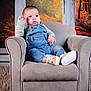 Achille participe au concours pour gagner de l'argent avec cette photo : baby, child, denim_overalls, sneakers, armchair, plush, indoor, portrait, cute, thinking, autumn, background, carpet, cozy, young, person, clothing, fashion, seated, expression