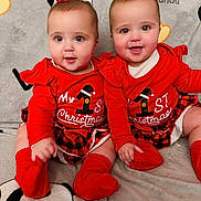 Scarlet E Violet joined the competition — help win amazing prizes! baby, toddler, child, red_clothing, matching_outfits, christmas, holiday, smiling, sitting, blanket, panda, cute, indoor, plaid_skirt, bow, face, portrait, happy, infant, cozy