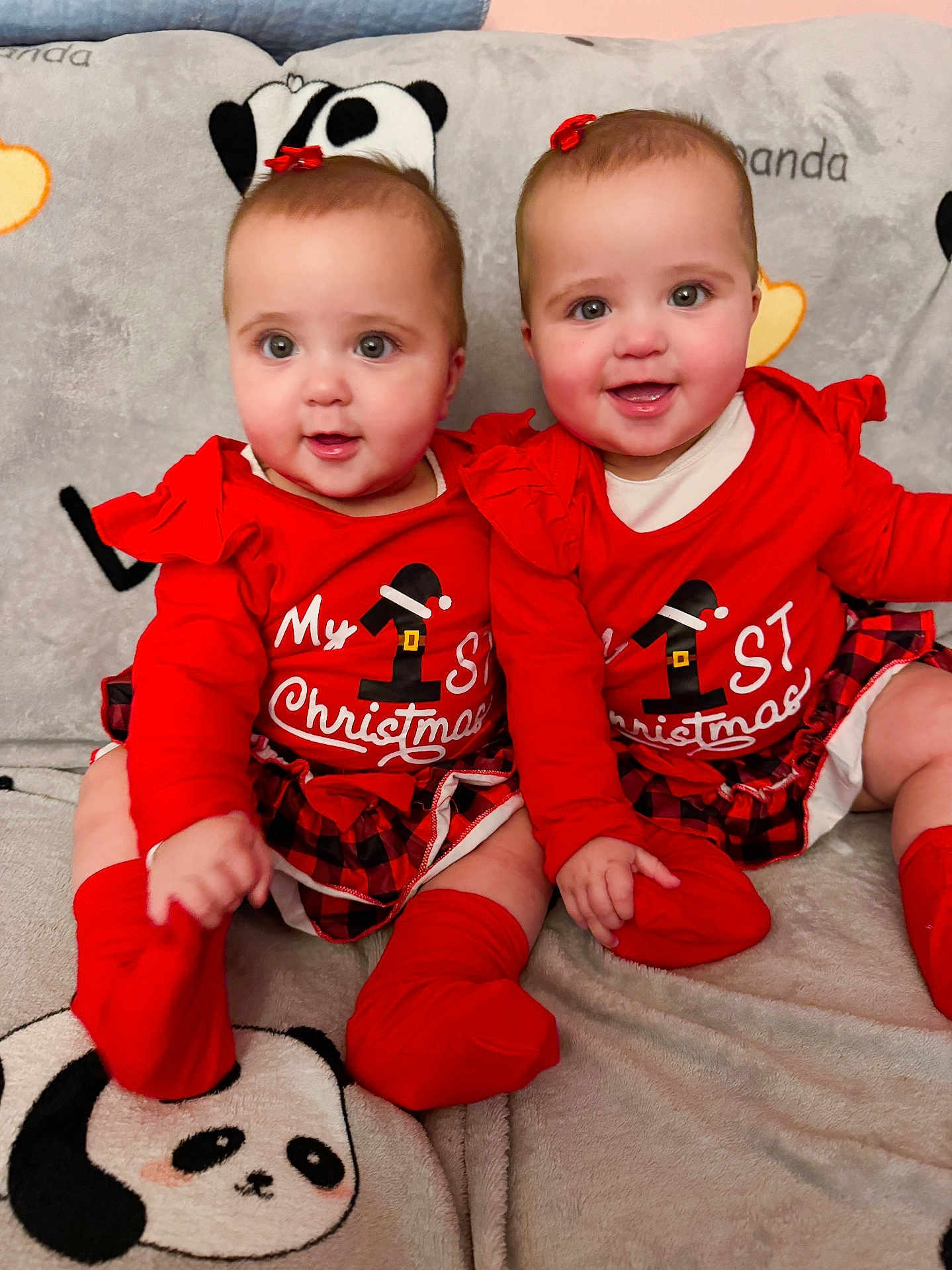 Scarlet E Violet joined the competition — help win amazing prizes! baby, toddler, child, red_clothing, matching_outfits, christmas, holiday, smiling, sitting, blanket, panda, cute, indoor, plaid_skirt, bow, face, portrait, happy, infant, cozy