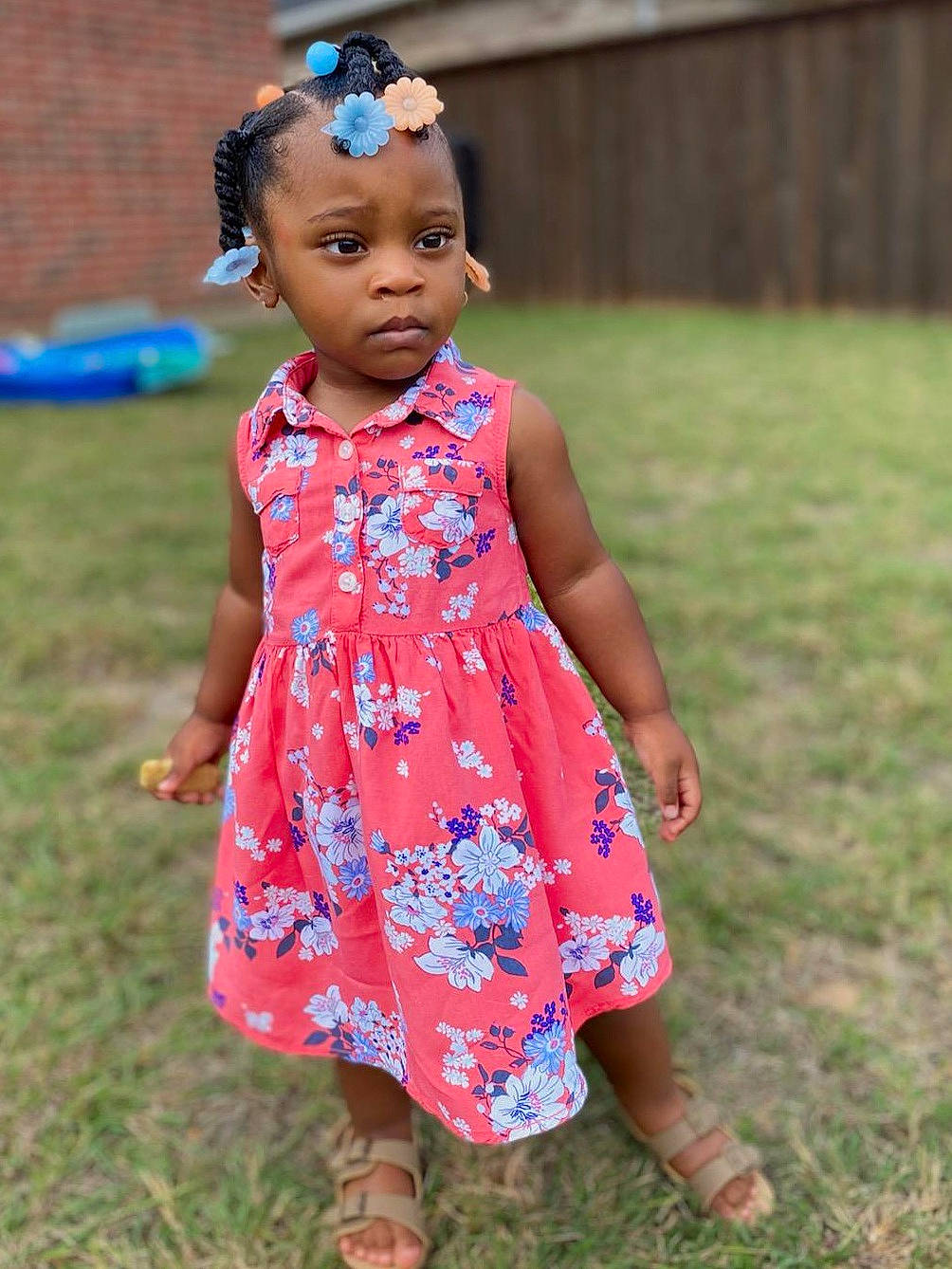 Joy joined the competition — help win amazing prizes! baby_toddler_clothing, blue, child, day_dress, dress, electric_blue, event, foot, fun, grass, happy, human_leg, leisure, magenta, one_piece_garment, pattern, person, sandal, street_fashion, toddler
