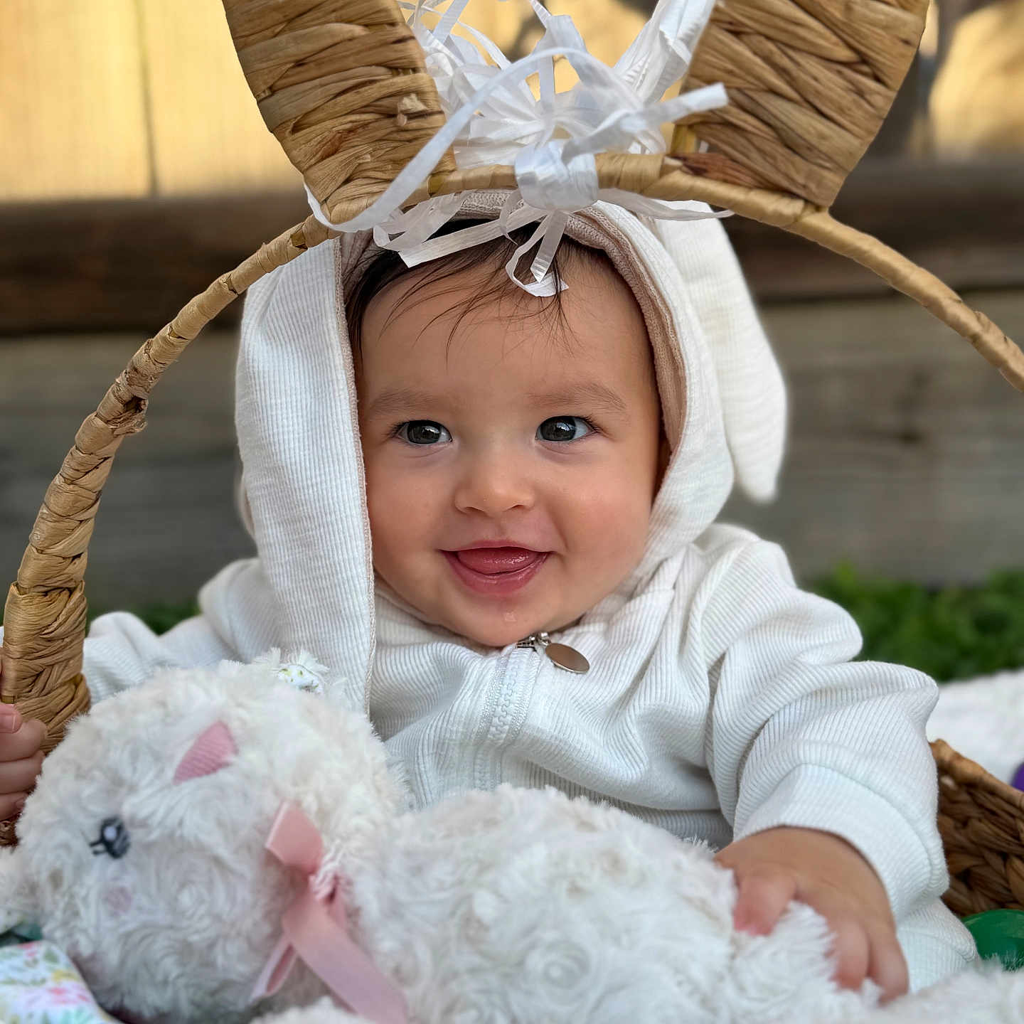 Salvador joined the competition — help win amazing prizes! baby, child, bunny_ears, hoodie, basket, stuffed_animal, toy, white_clothing, smiling, face, cute, portrait, outdoor, wooden_background, infant, happy, hand, fuzzy_toy, closeup, candid