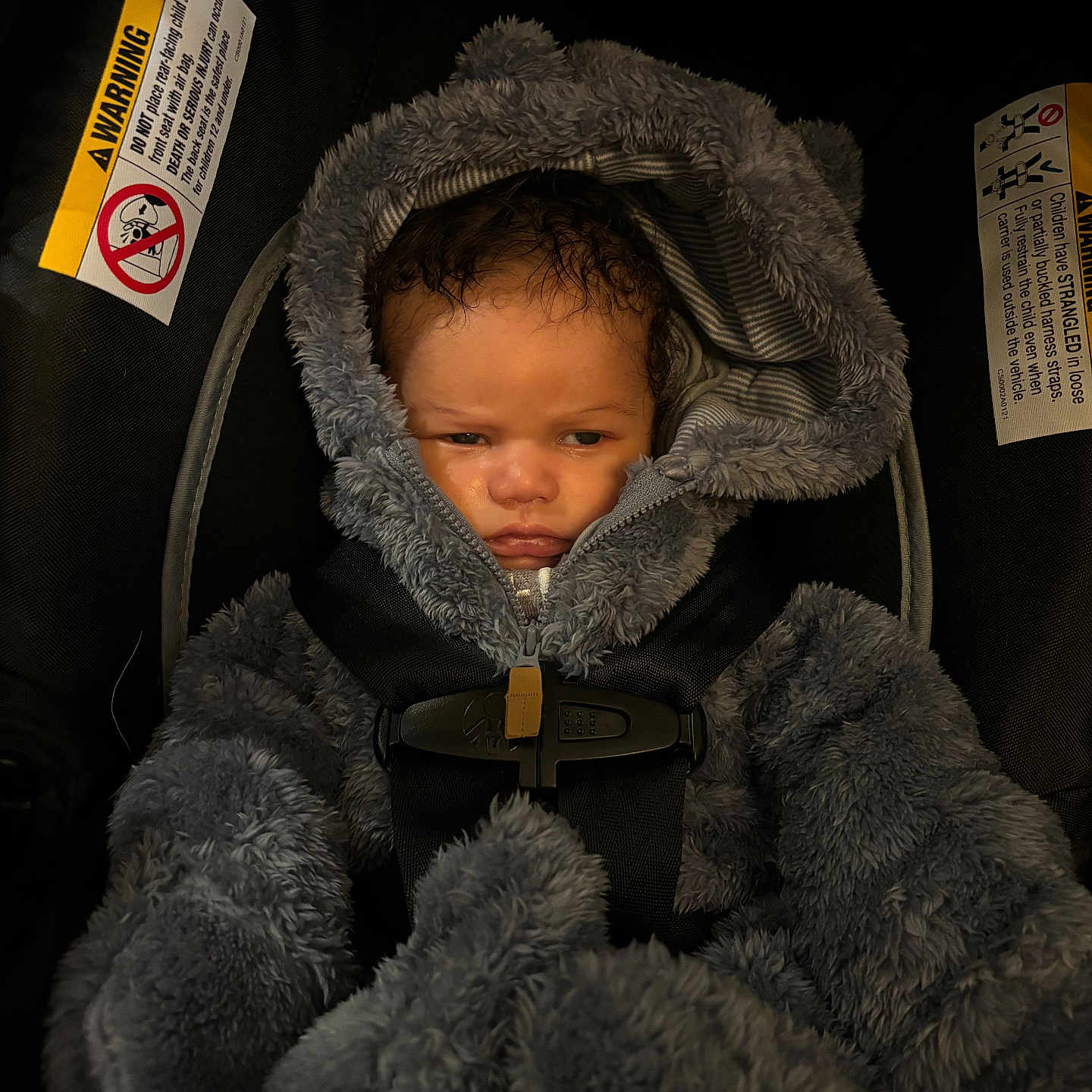 Noah is registered to the contest to win money with this photo: baby, bundle_up, car_seat, child, closeup, cute, expression, face, fluffy_clothing, fur_texture, hooded_jacket, indoor, infant, person, portrait, safety, seat, seatbelt, warm_clothing, young_child