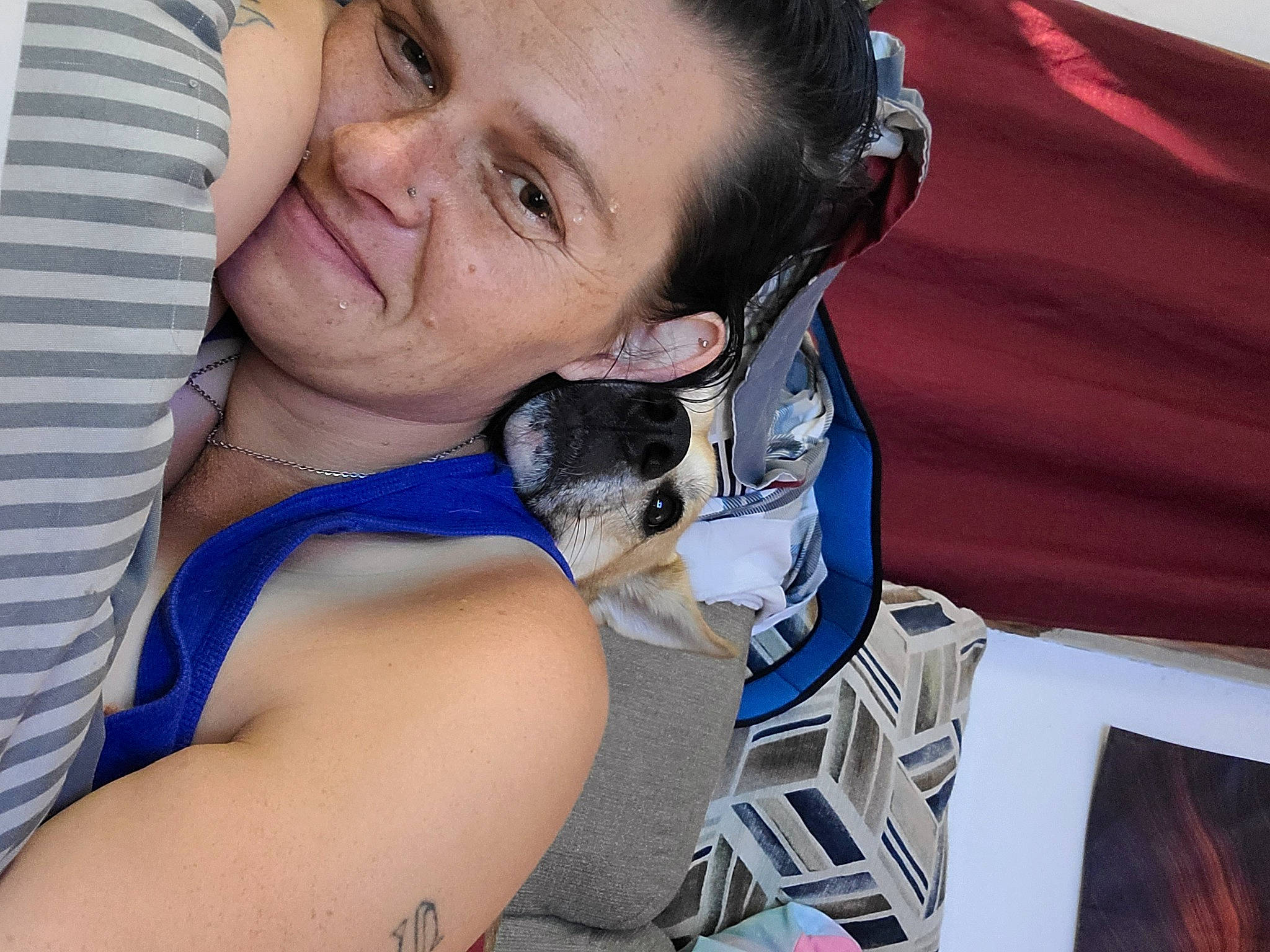 Nikita joined the competition — help win amazing prizes! audio_equipment, canidae, carnivore, comfort, companion_dog, dog_breed, electric_blue, facial_hair, fawn, felidae, fun, fur, happy, hug, leisure, selfie, sitting, smile, t_shirt, whiskers