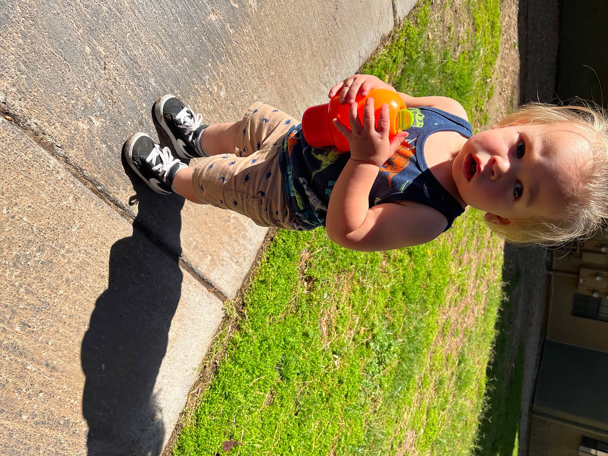 Malakai is registered to the contest to win money with this photo: baby, baby_toddler_clothing, child, concrete, fun, grass, green, happy, human_leg, leisure, outdoor_shoe, people_in_nature, person, plant, recreation, shadow, smile, soil, t_shirt, toddler