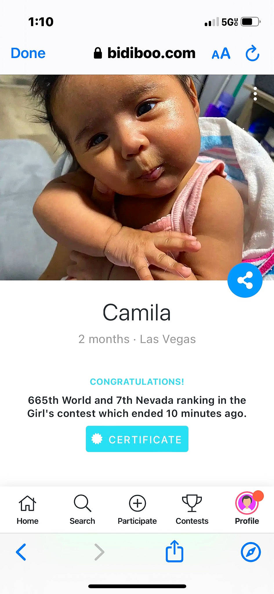 Camila is registered to the contest to win money with this photo: adaptation, baby, baby_products, baby_toddler_clothing, child, eyelash, finger, font, gesture, happy, light, person, photo_caption, photograph, product, screenshot, sharing, skin, smile, thumb
