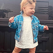Joella joined the competition — help win amazing prizes! toddler, child, denim_jacket, white_dress, bow_headband, smiling, standing, pickup_truck, outdoor, vehicle, chevrolet_logo, american_flag_sticker, happy, cute, legs, footwear, baby, casual_clothing, daytime, portrait