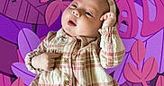 Talitha joined the competition — help win amazing prizes! baby, background, cartoon, child, clothing, cute, expression, face, hands, headband, indoor, infant, leaves, pattern, person, pink, plaid_dress, portrait, purple, smiling