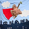 baby, cape, dress, fabric, cityscape, clouds, superhero, imaginative, child, playful, indoor, portrait, costume, cute, flying, background, toy, cloth, windows, feet