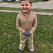 Christopher is registered to the contest to win money with this photo: child, boy, smiling, grass, outdoor, sweater, pants, gloves, shoes, sidewalk, trees, residential, neighborhood, house, car, winter, casual_clothing, portrait, standing, happy