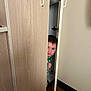 Asher is registered to the contest to win money with this photo: child, cabinet, wood, floor, peek, hide_and_seek, curious, indoor, door, furniture, person, green_clothing, barefoot, playful, young_child, home, curiosity, small_space, expression, peekaboo