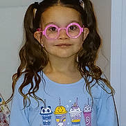 Phoenix is registered to the contest to win money with this photo: child, girl, glasses, pigtails, curly_hair, blue_sweatshirt, cartoon_print, indoor, smile, portrait, cute, fashion, eyewear, hair_ties, childhood, young, person, casual_clothing, happy, standing