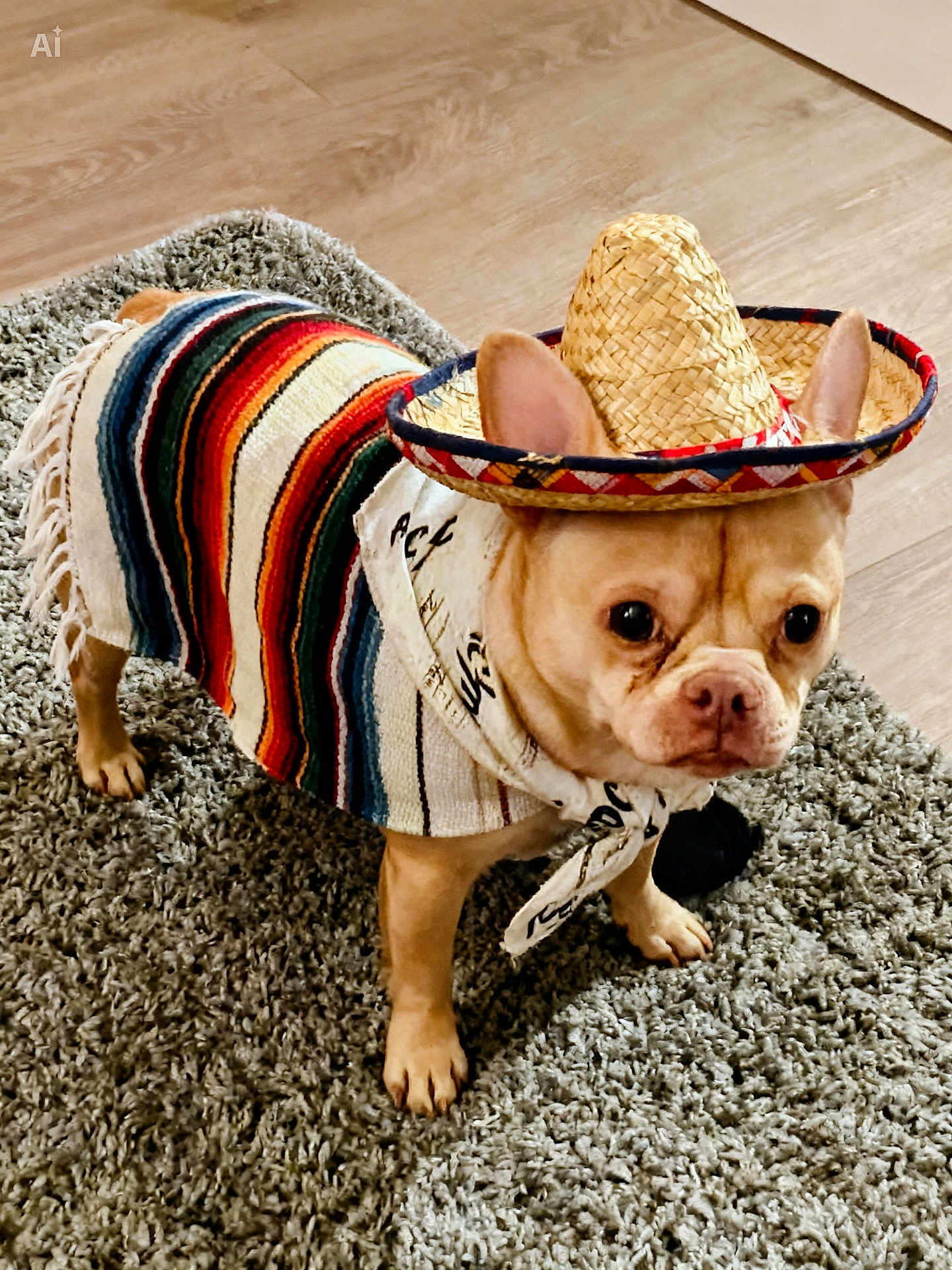 Rudolpho Rudi is registered to the contest to win money with this photo: dog, pet, costume, sombrero, bandana, rug, hardwood_floor, indoor, cute, big_ears, wrinkled_face, paws, muzzle, eyes, portrait, tan_fur, striped_blanket, home, carpet, small_dog