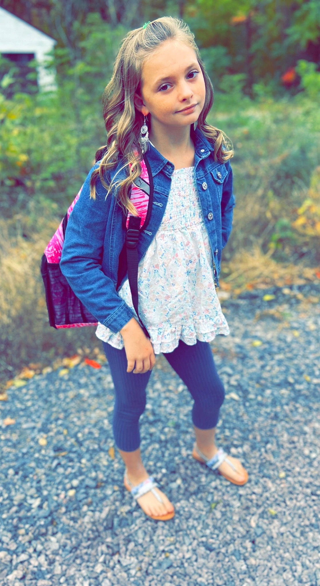 Maci is registered to the contest to win money with this photo: blazer, blond, brown_hair, denim, electric_blue, grass, happy, human_leg, knee, magenta, pattern, people_in_nature, person, plaid, plant, purple, shoe, sleeve, standing, tartan