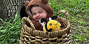 Michael is registered to the contest to win money with this photo: baby, child, costume, bear_costume, basket, plush_toy, bee_toy, outdoor, grass, tree_trunk, nature, cute, smile, face, person, infant, greenery, wicker, sitting, expression