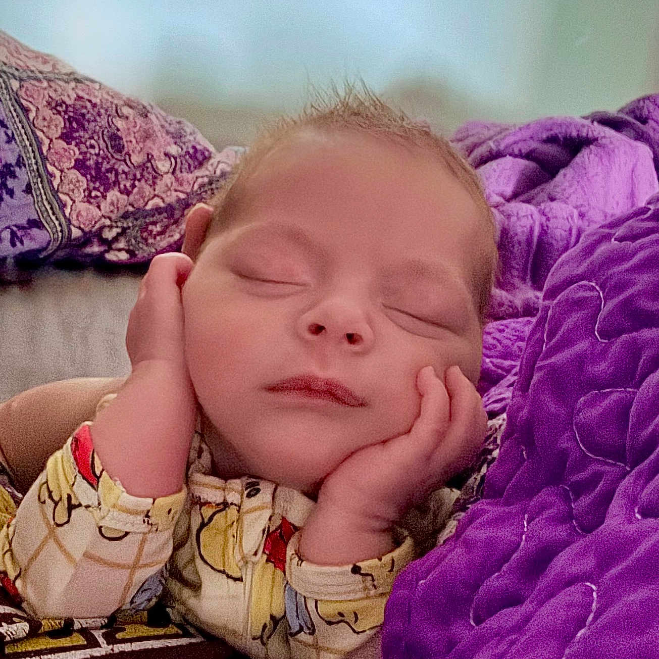 Oliver joined the competition — help win amazing prizes! baby, sleeping, hands, face, blanket, purple, cozy, peaceful, infant, soft_lighting, portrait, cute, child, resting, clothing, indoors, comfort, relaxation, closeup, young
