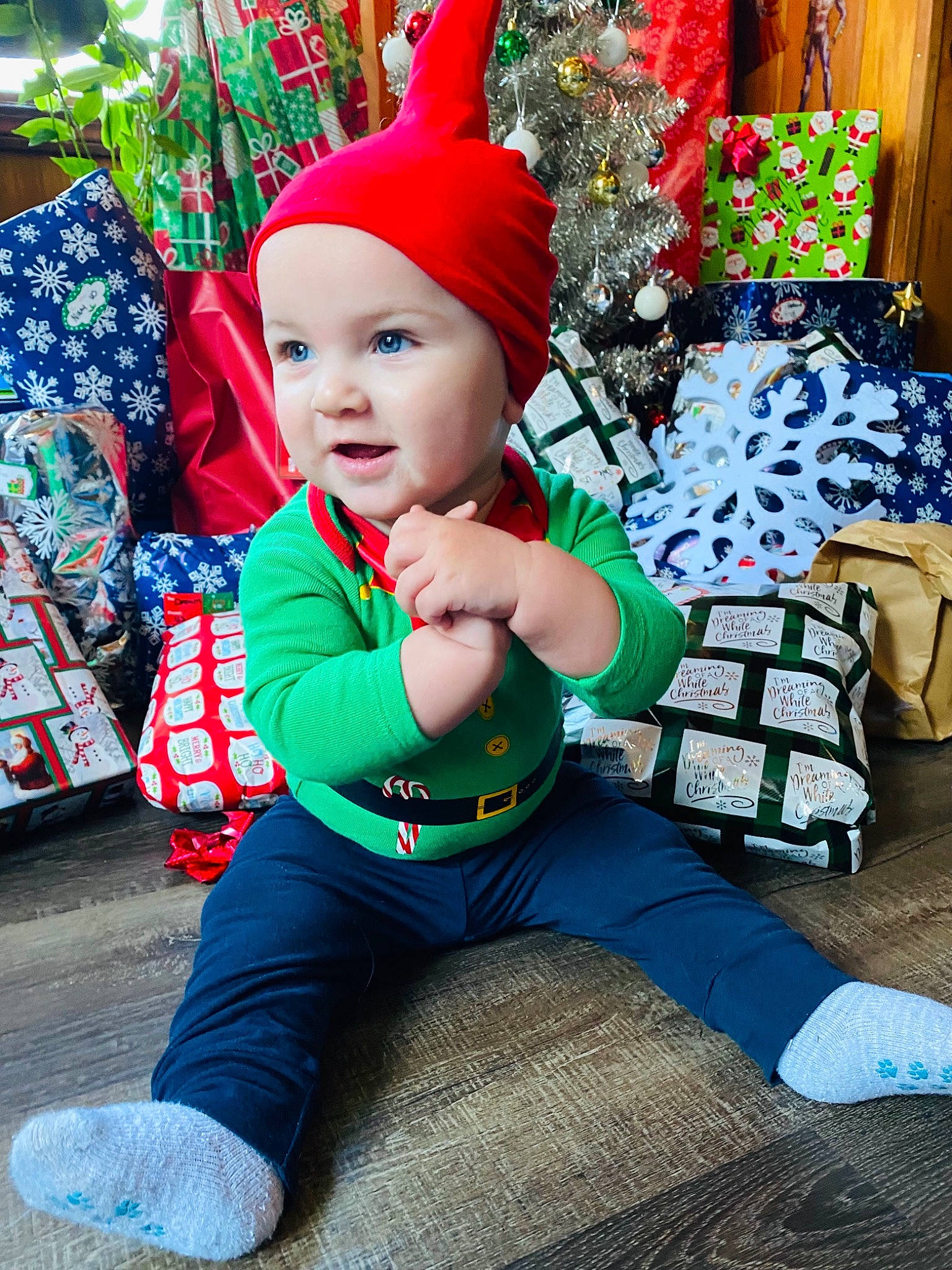 Dexter is registered to the contest to win money with this photo: baby_toddler_clothing, christmas, christmas_decoration, christmas_eve, christmas_ornament, costume_hat, event, fictional_character, fun, green, happy, hat, headwear, holiday, lap, person, red, santa_claus, smile, snapshot