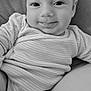 baby, infant, smiling, close_up, onesie, child, cute, portrait, face, skin, expression, happy, resting, drool, soft_surface, comfort, monochrome, young, person, indoor