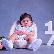 Lekshana is registered to the contest to win money with this photo: baby, background, calm_expression, child, clothing, cozy_chair, cute, decor, flowers, half_year, indoor, infant, milestone, person, pink_flowers, portrait, sitting, studio, white_flowers, white_shoes