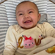 Vivianna joined the competition — help win amazing prizes! baby, smiling, infant, cute, clothing, blanket, teddy_bear, baby_chair, striped, face, happy, indoor, child, cute_expression, earrings, soft_toys, warm, cozy, portrait, home