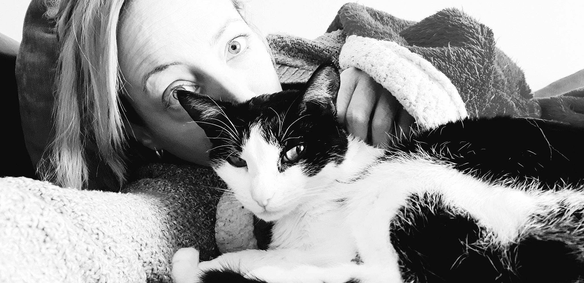 Katniss participe au concours pour gagner de l'argent avec cette photo : black, black_and_white, carnivore, cat, comfort, eye, eyelash, facial_expression, felidae, flash_photography, gesture, hand, human_body, mammal, nose, skin, style, vertebrate, whiskers, white