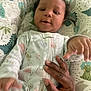 Akira is registered to the contest to win money with this photo: adult_hand, animal_print, baby, child, comfort, cushion, cute, dinosaur_pattern, frog_pattern, hand, indoors, infant, lying_down, newborn, onesie, parental_care, patterned_bedding, sleepwear, soft_lighting, tenderness