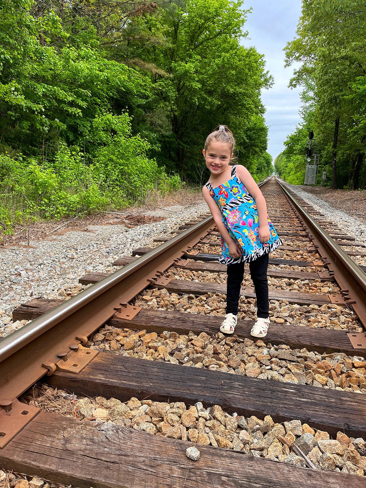 Harley is registered to the contest to win money with this photo: electric_blue, joy, leaf, leisure, metal, nature, nonbuilding_structure, people_in_nature, person, plant, railway, rolling, sky, spring, standing, symmetry, thoroughfare, track, travel, tree