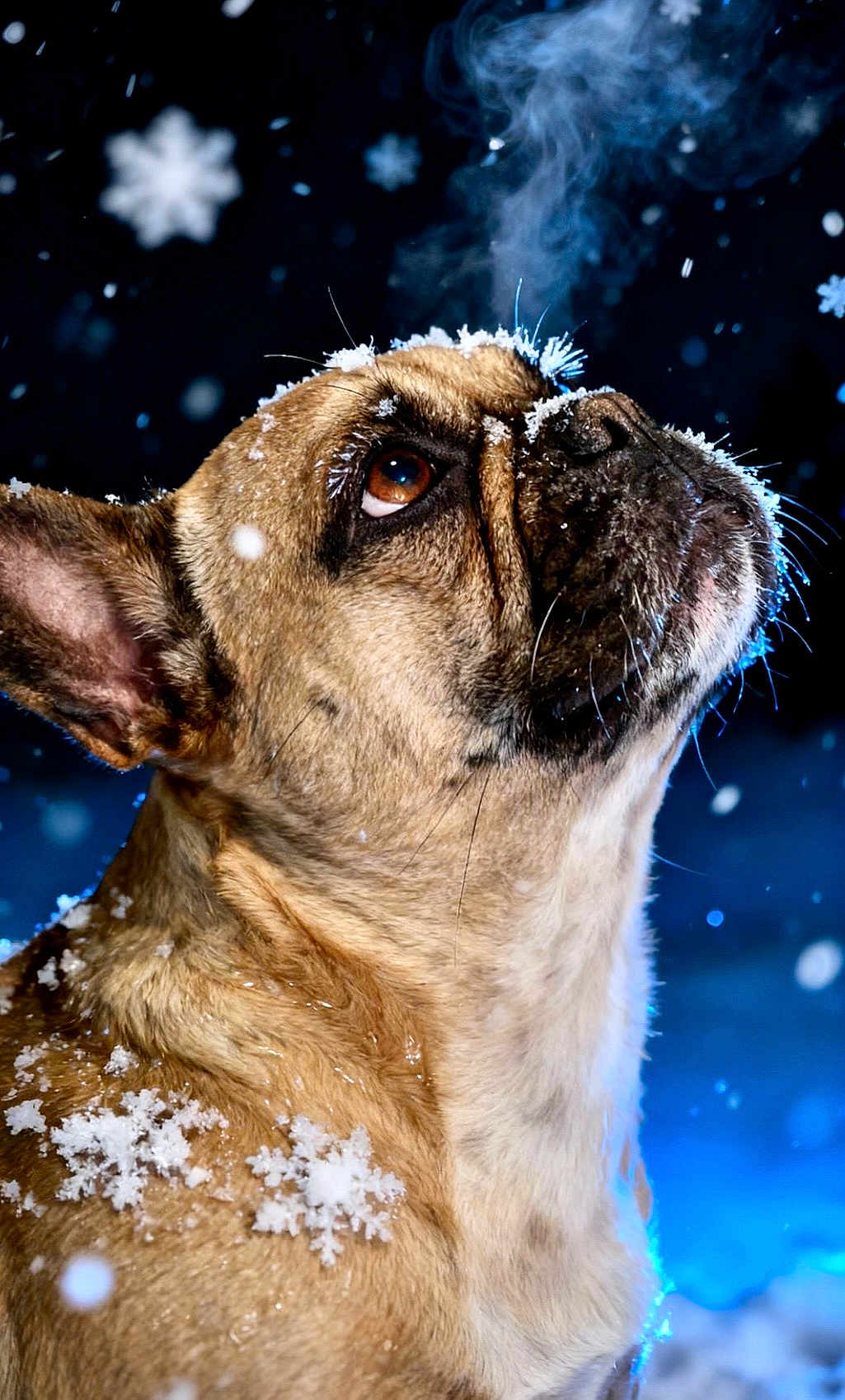 Ruby a rejoint le concours — aidez-le/la à gagner de superbes lots ! dog, snow, snowflakes, winter, animal, portrait, closeup, brown_fur, canine, cold, breath, outdoor, night, blue_light, fur, ear, whiskers, nose, face, looking_up