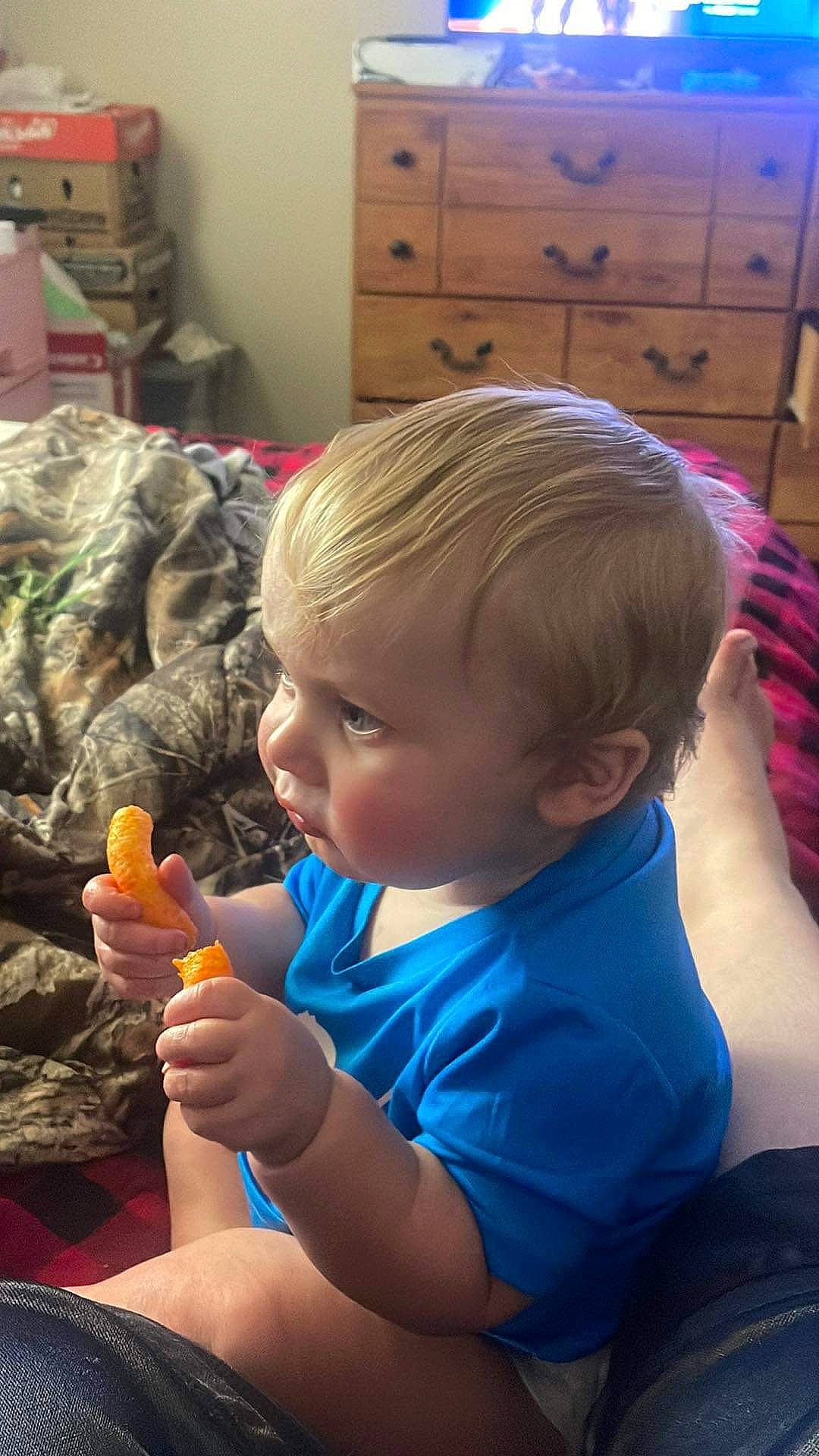 Easton joined the competition — help win amazing prizes! arm, baby, cabinetry, chest, chest_of_drawers, child, cupboard, drawer, electric_blue, flooring, fun, leisure, person, play, room, sitting, t_shirt, thumb, toddler, vacation