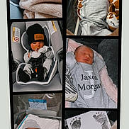 Jaxon is registered to the contest to win money with this photo: baby, newborn, infant, swaddle, car_seat, beanie, mittens, pacifier, hospital_bassinet, hospital_card, footprints, blanket, plush_toy, onesie, sleeping, collage, soft_texture, portrait, newborn_clothing, bassinet_tags