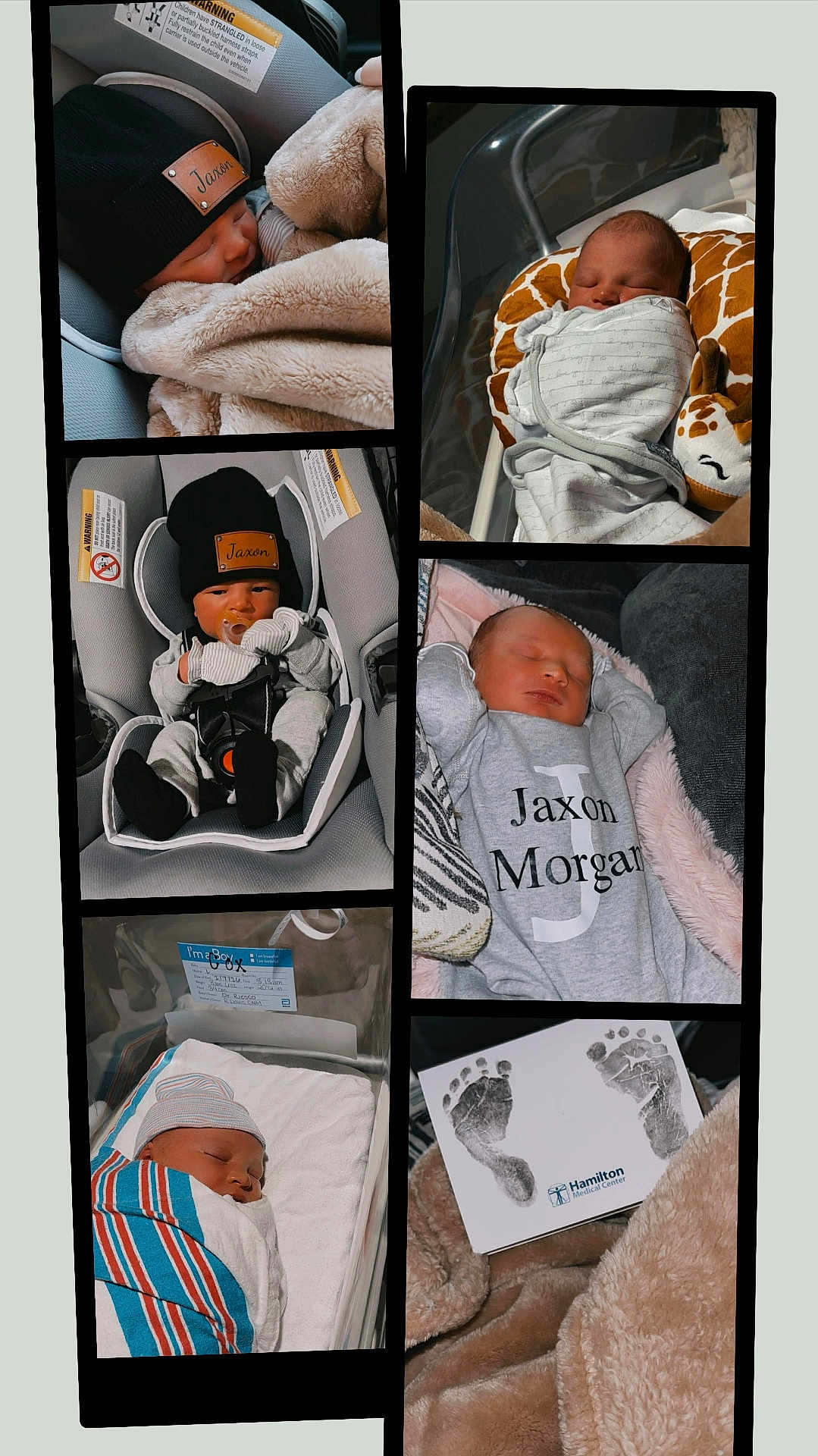 Jaxon is registered to the contest to win money with this photo: baby, newborn, infant, swaddle, car_seat, beanie, mittens, pacifier, hospital_bassinet, hospital_card, footprints, blanket, plush_toy, onesie, sleeping, collage, soft_texture, portrait, newborn_clothing, bassinet_tags