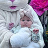 Lainey is registered to the contest to win money with this photo: baby, bunny, child, costume, cute, flower, fluffy, greenery, headband, holding, holiday, large_flower, mascot, nature, outdoor, person, pink_bow, pink_nose, portrait, white_fur