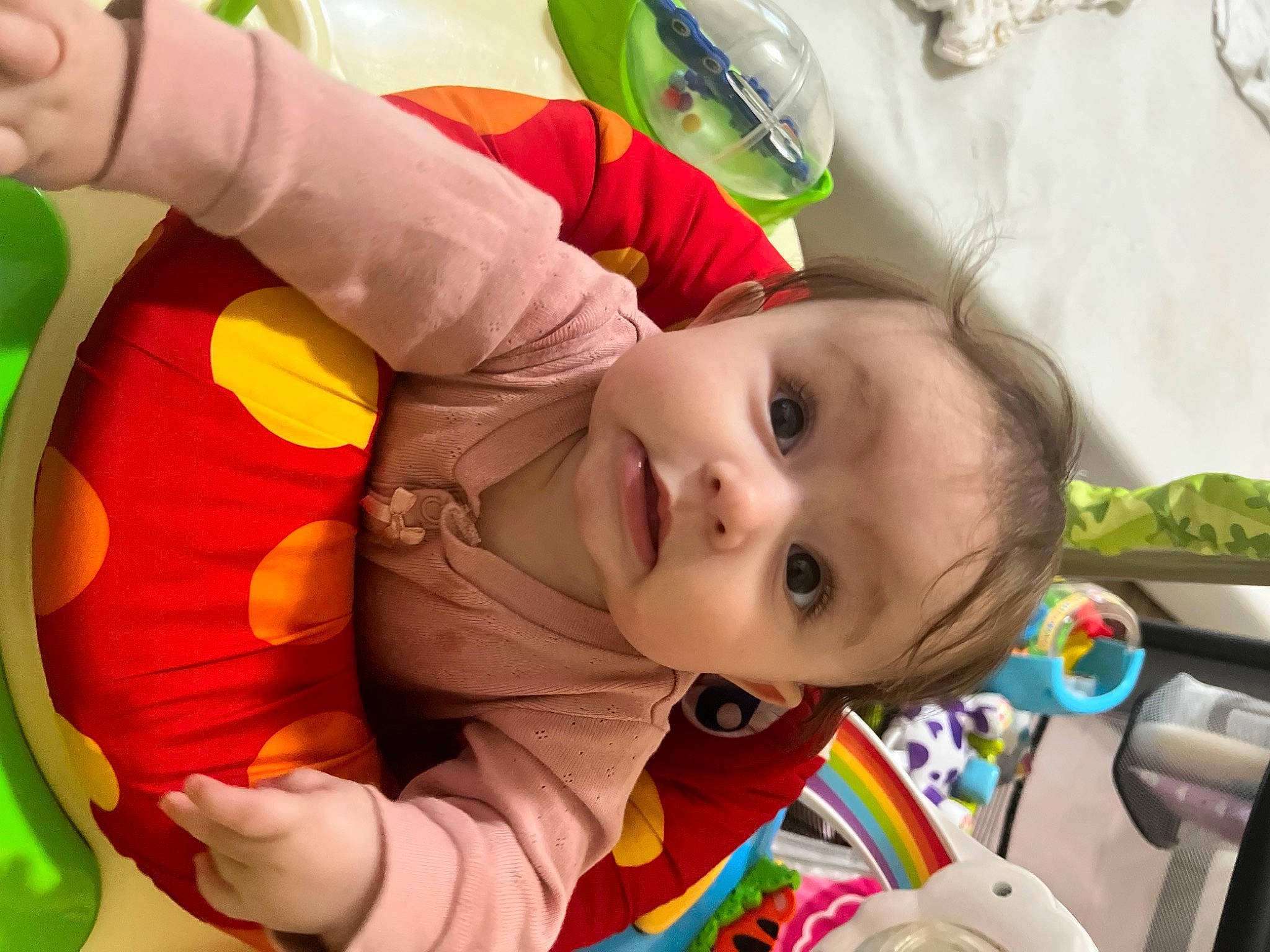 Rosie joined the competition — help win amazing prizes! baby, baby_carriage, baby_products, baby_toddler_clothing, baby_toys, cheek, child, fun, happy, human_body, mouth, person, plastic, play, product, room, sitting, skin, textile, toddler