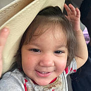 Alayia joined the competition — help win amazing prizes! toddler, child, smile, mickey_mouse, hat, straw_hat, shirt, messy_hair, happy, face, hands, playful, close_up, indoor, candid, cute, person, portrait, young_child, clothing
